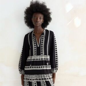 Zara Black and White Embroidered Bohemian Linen Dress - XL
